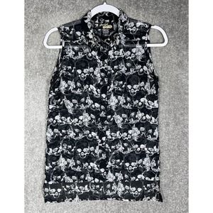 Social Misfits Sheer Skulls Studded Collar Button Up‎ Top Womens Size Small Goth